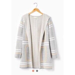 By Design Womens Hooded Cardigan Sweater Duster Grey White Tan Size L